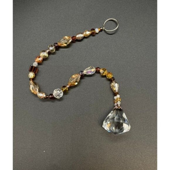 Beaded Suncatcher - Brown Gold - Clear Triangular Prism - Hanging Decor - Picture 6 of 13